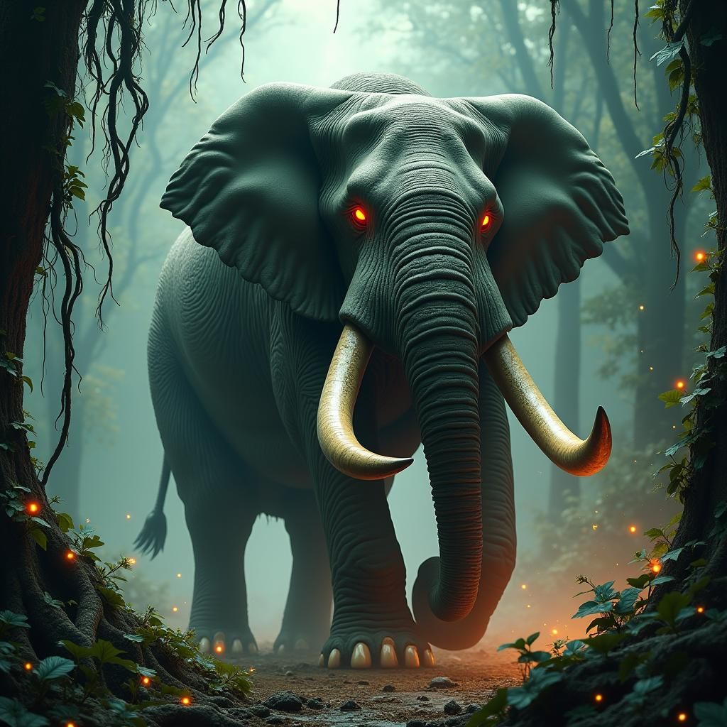 Colossal Elephant-Wolverine Hybrid in Twilight Jungle