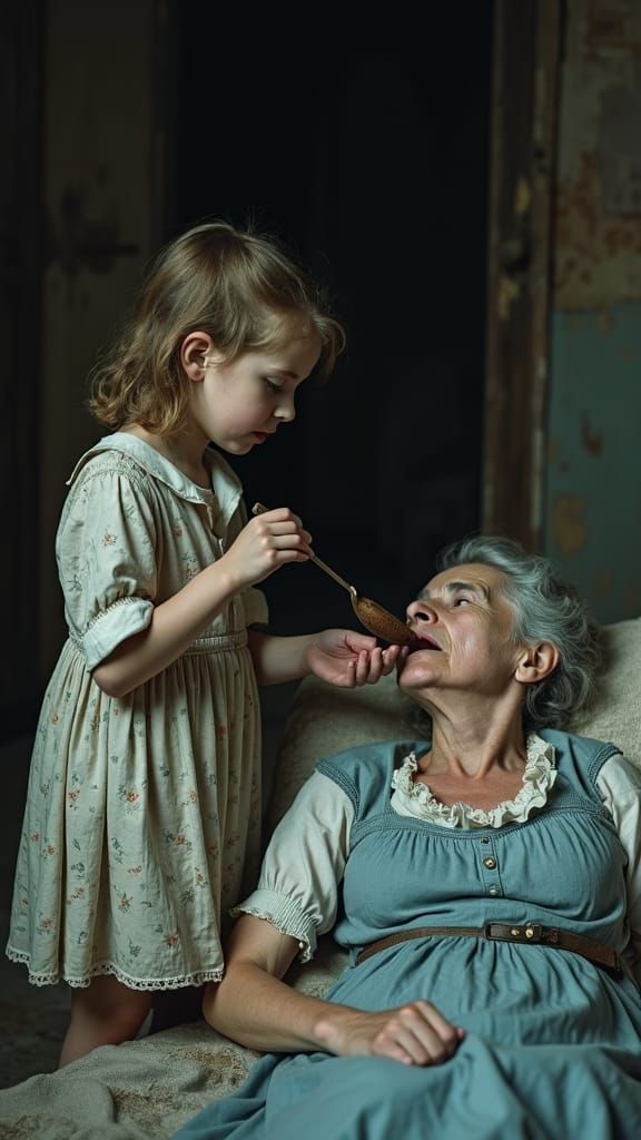 Rural American Realism Portrait of a Young Girl Feeding Her....