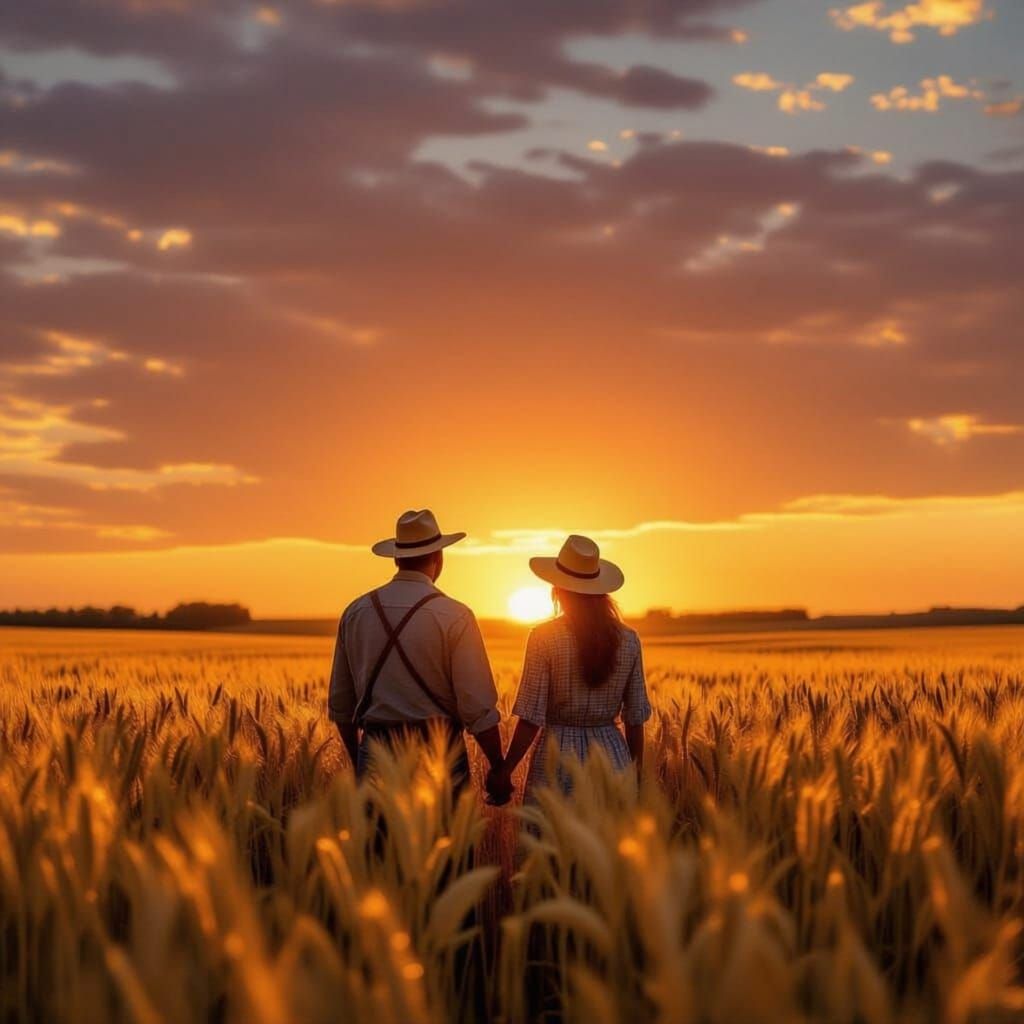 Farmer Couple Silhouetted Against Harvest Sunset