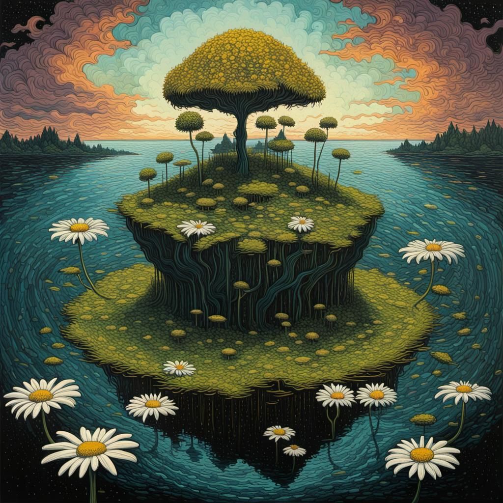 Surreal Pop Art Island with Giant Daisies