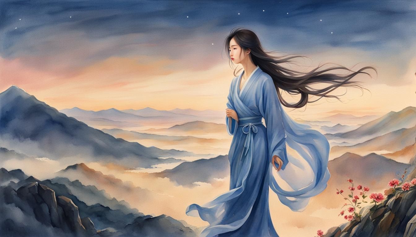 Watercolor Portrait of a Petite Korean Woman on a Mountain