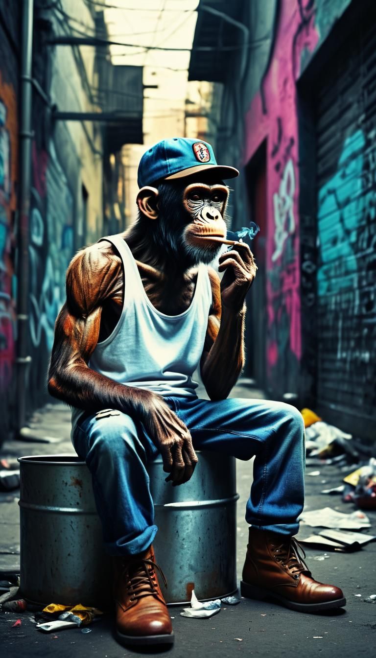 Moody Urban Monkey in Back Alley, Inspired by Urban Pop Art