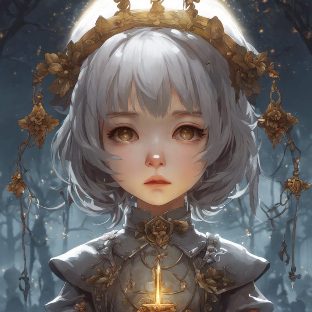 Chibi Girl Under Glowing, Dreamlike Crucifixion