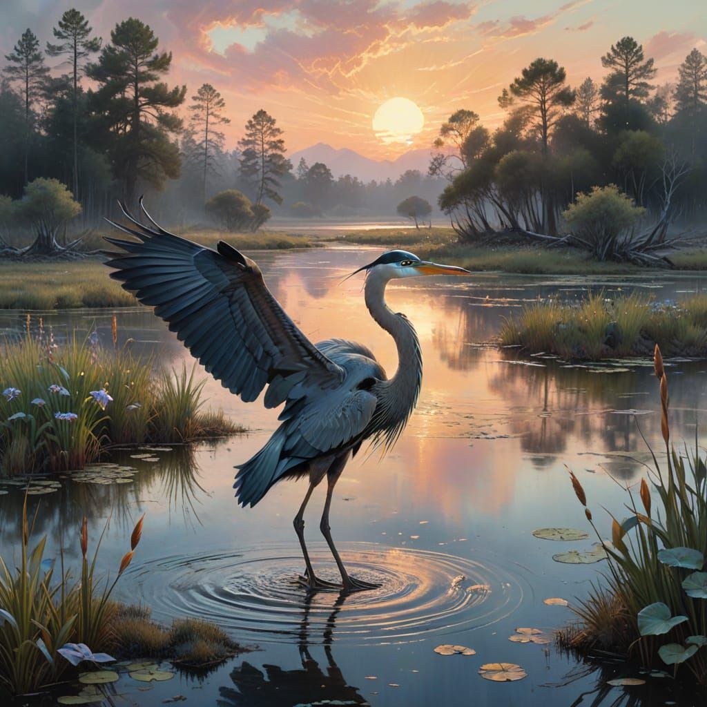 Surreal Watercolor Painting of a Great Blue Heron in a Seren...