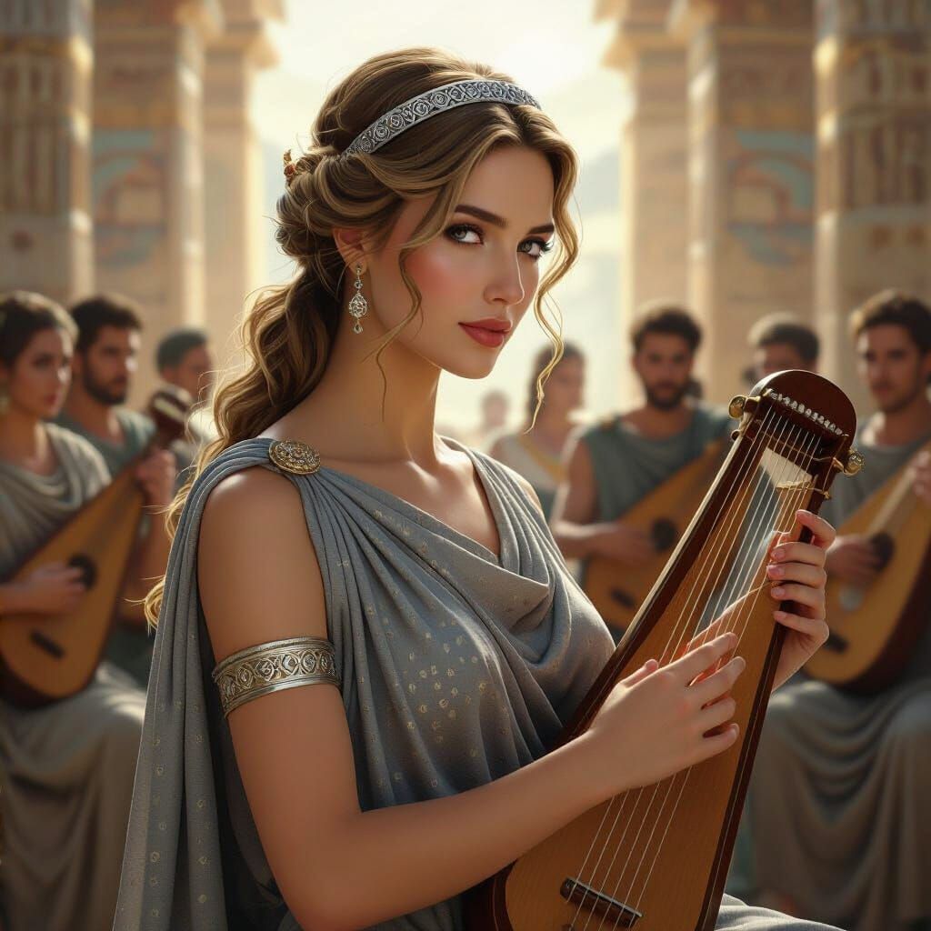 Greek Goddess Melete in Ancient Temple with Lyre Musicians