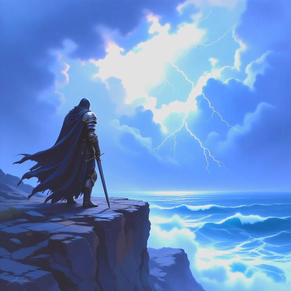 Knight on Stormy Cliff Overlooking Turbulent Sea