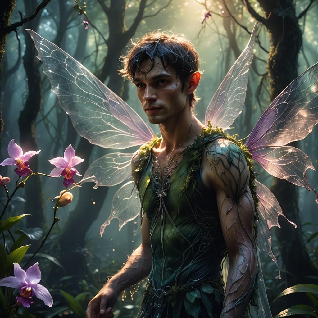 Ethereal Male Fairy in a Misty Forest