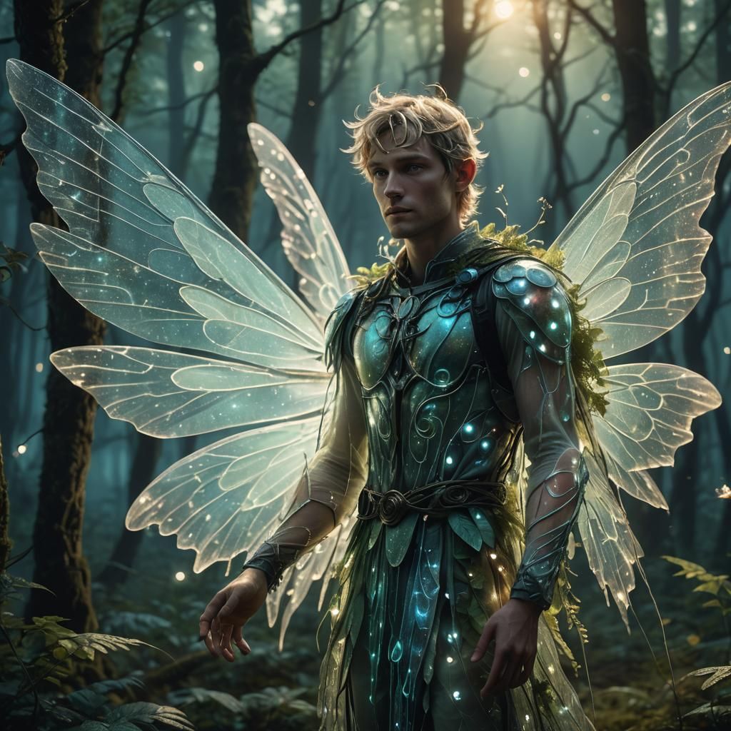 Ethereal Male Fairy Illuminates Mystical Forest in Golden Ho...