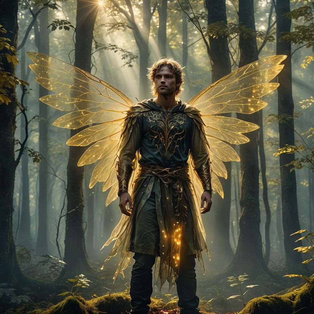 Male Light Fairy in Misty Forest: Digital Art
