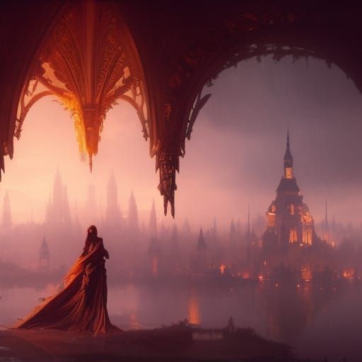 Surreal Dark Fantasy Cityscape in Vibrant Complementary Colo...