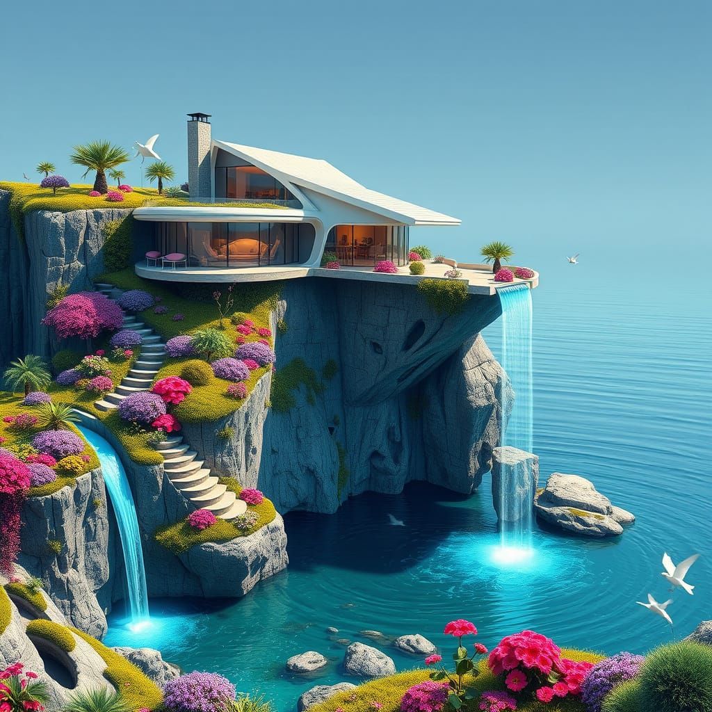Cliffside House with Neon Waterfall in Futuristic Style