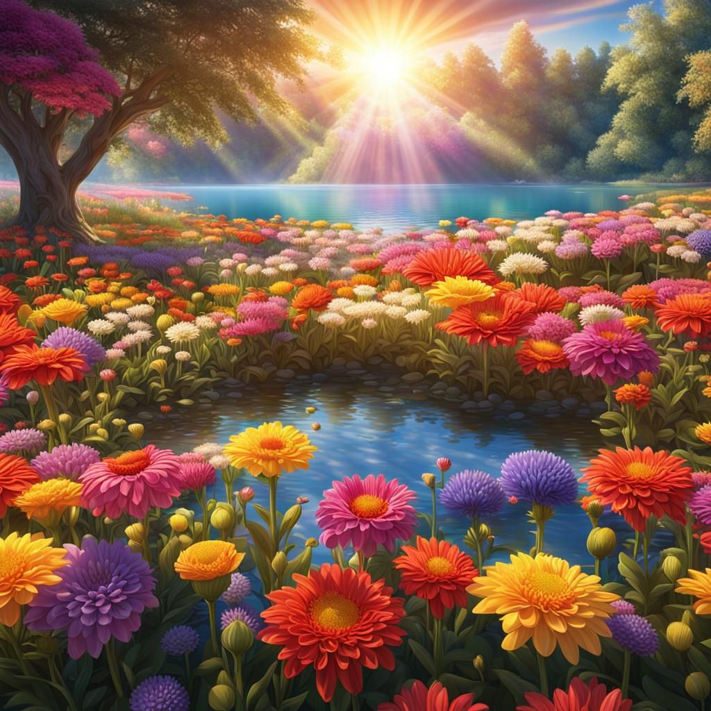 Vibrant Field of Flowers Basks in Radiant Sunlight