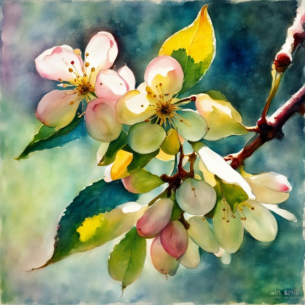 Backlit Pinkish White Crabapple Flowering Stem Closeup :: Intricate Detailing :: Blue Green Yellow Spring Color Palette ...