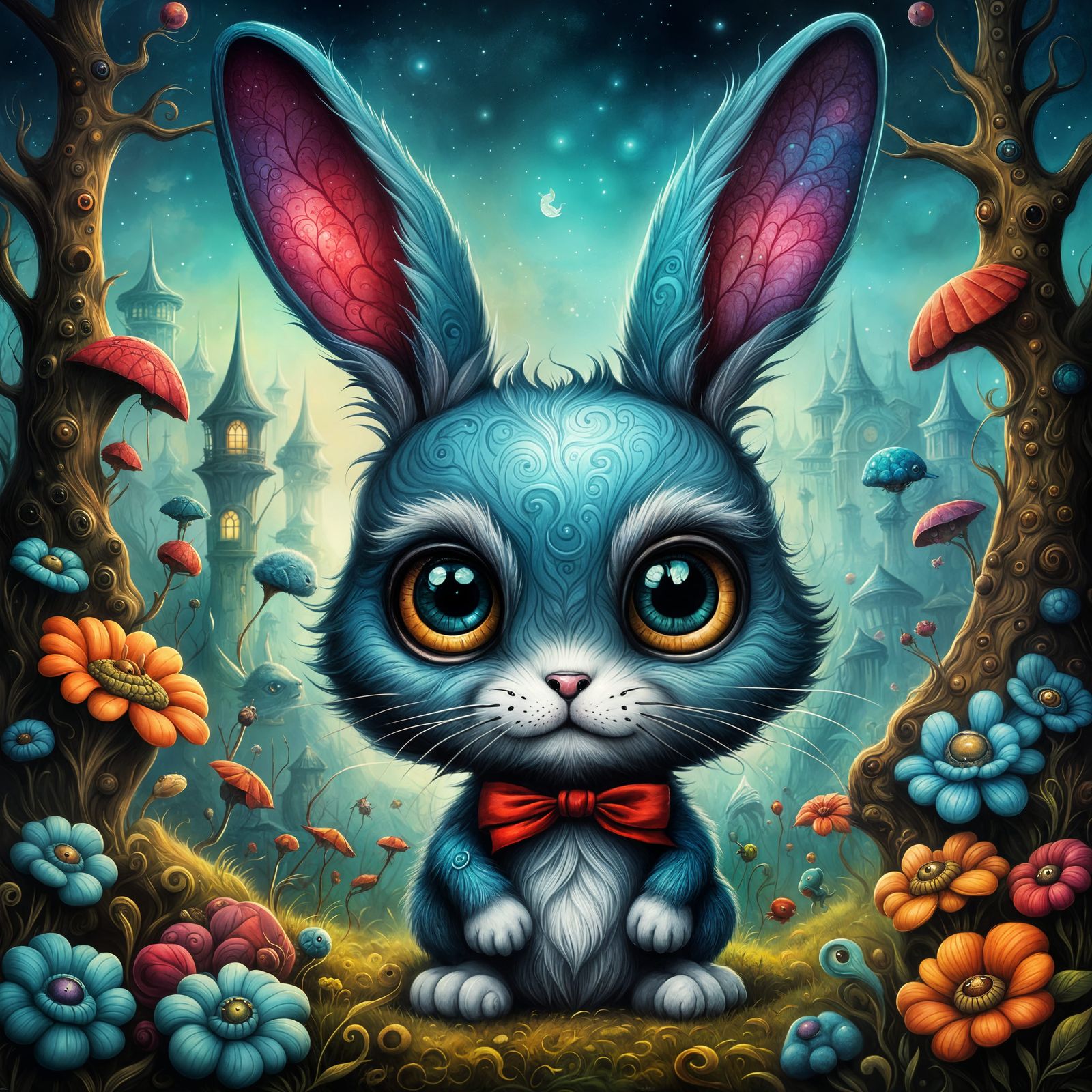 Vibrant Chibi Rabbit in Whimsical Pop Surrealism Scene