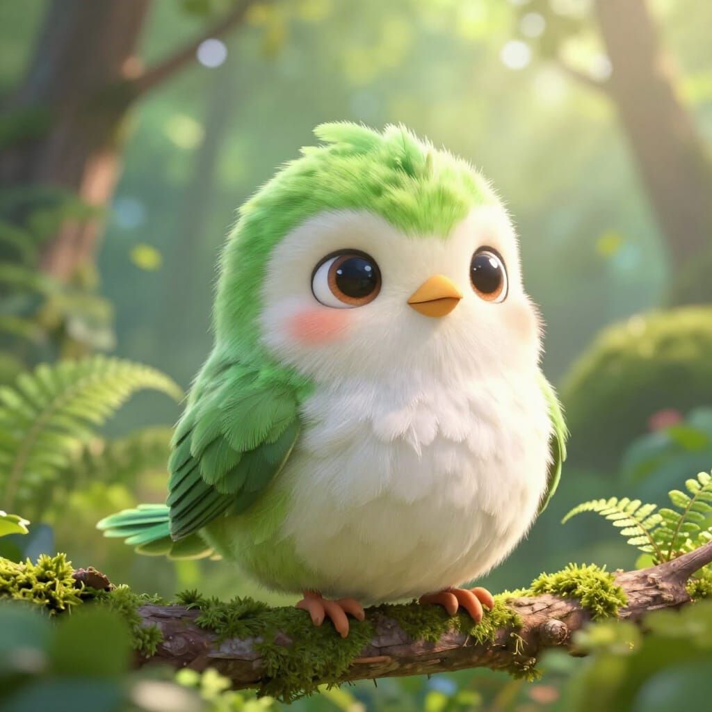 Adorable Fluffy Bird Creature in Lush Forest