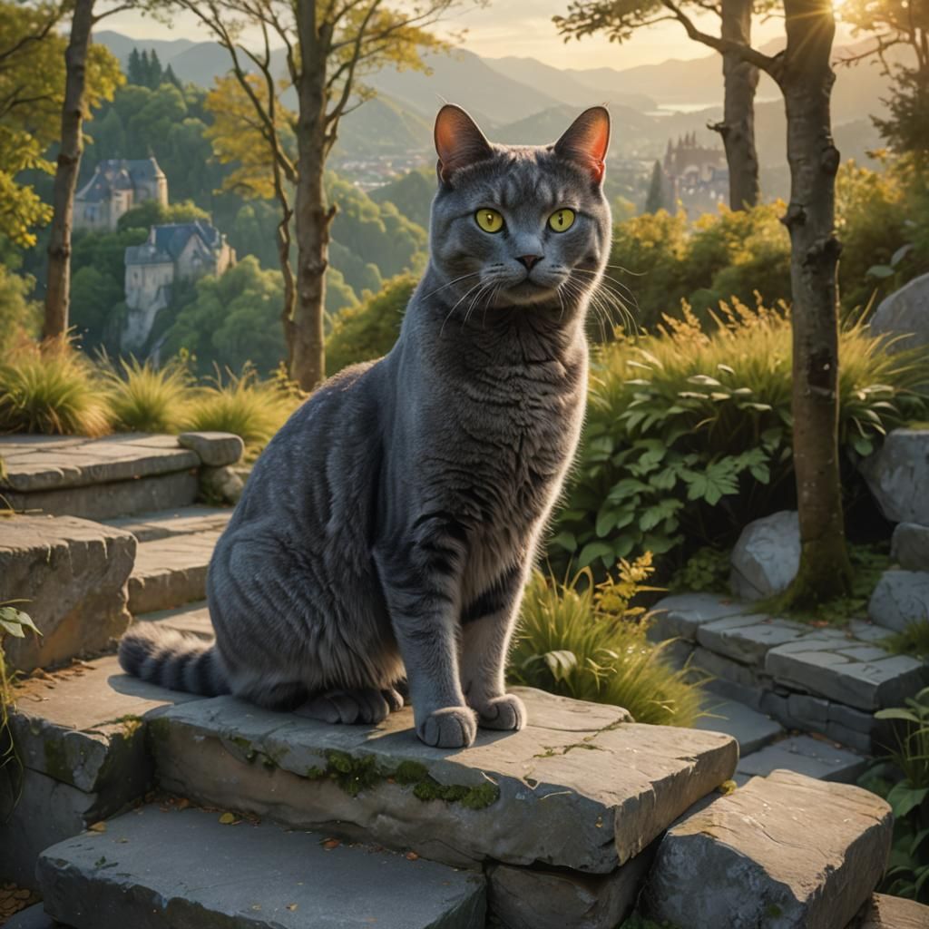 Majestic Chartreux Cat Dominates Forest Landscape in Vibrant...