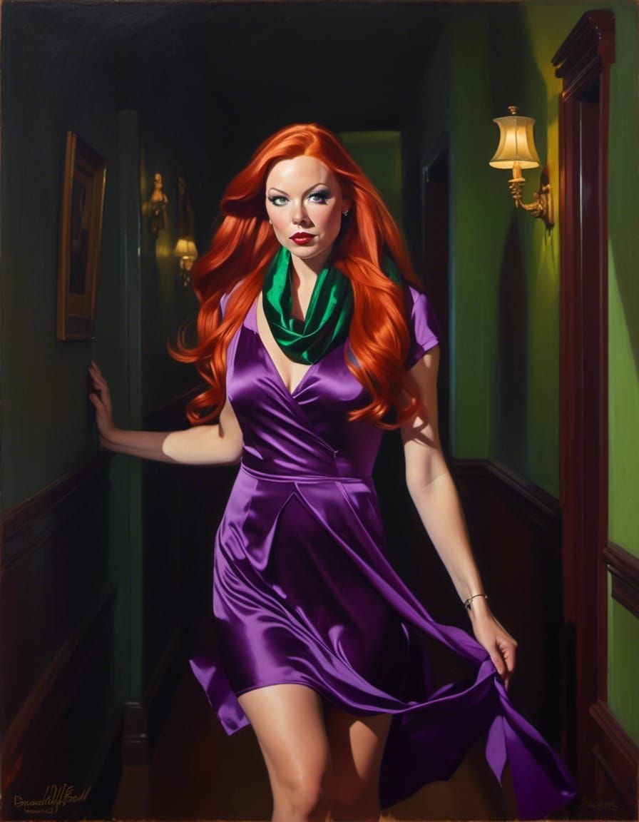 Pretty Young Woman in Purple Mini-Dress Walks Spooky Mansion...