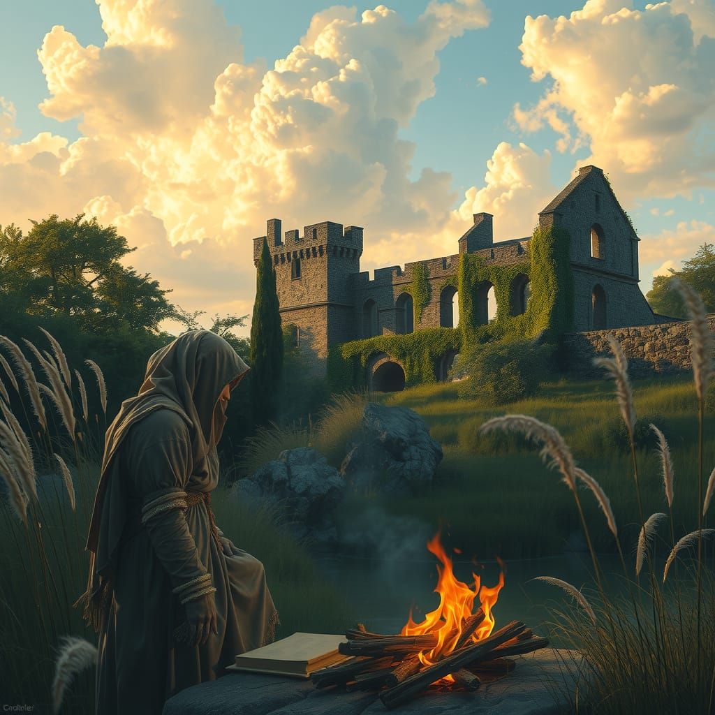 Elegant Figure Tends to Golden Fire in Ancient Ruins