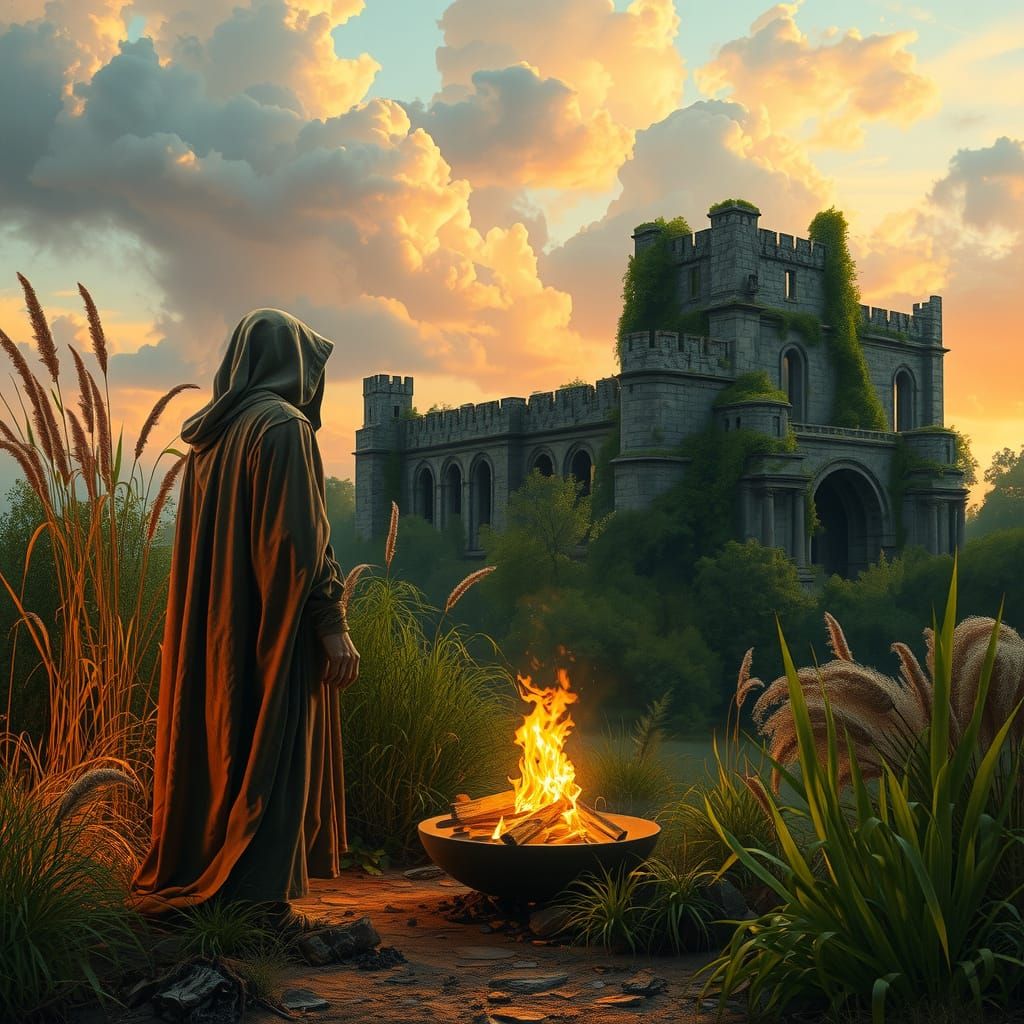Mystic Figure Tends Fire Among Ancient Ruins