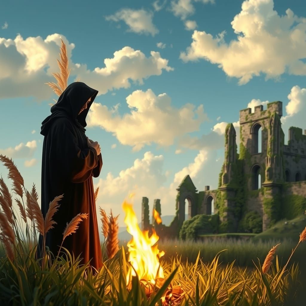 Golden Firelit Ruins in a Serene Landscape