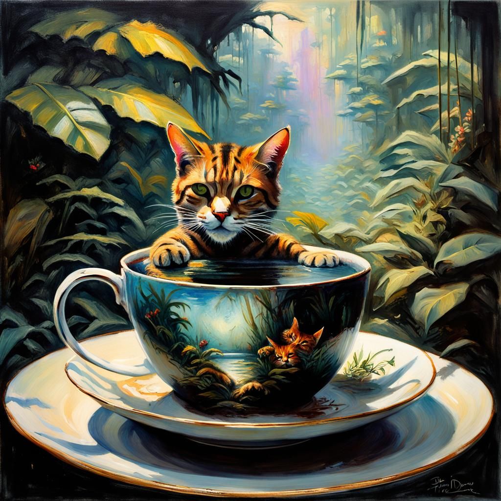 Dreamlike Jungle Cat in a Tea Cup, with Asymmetrical Balance...