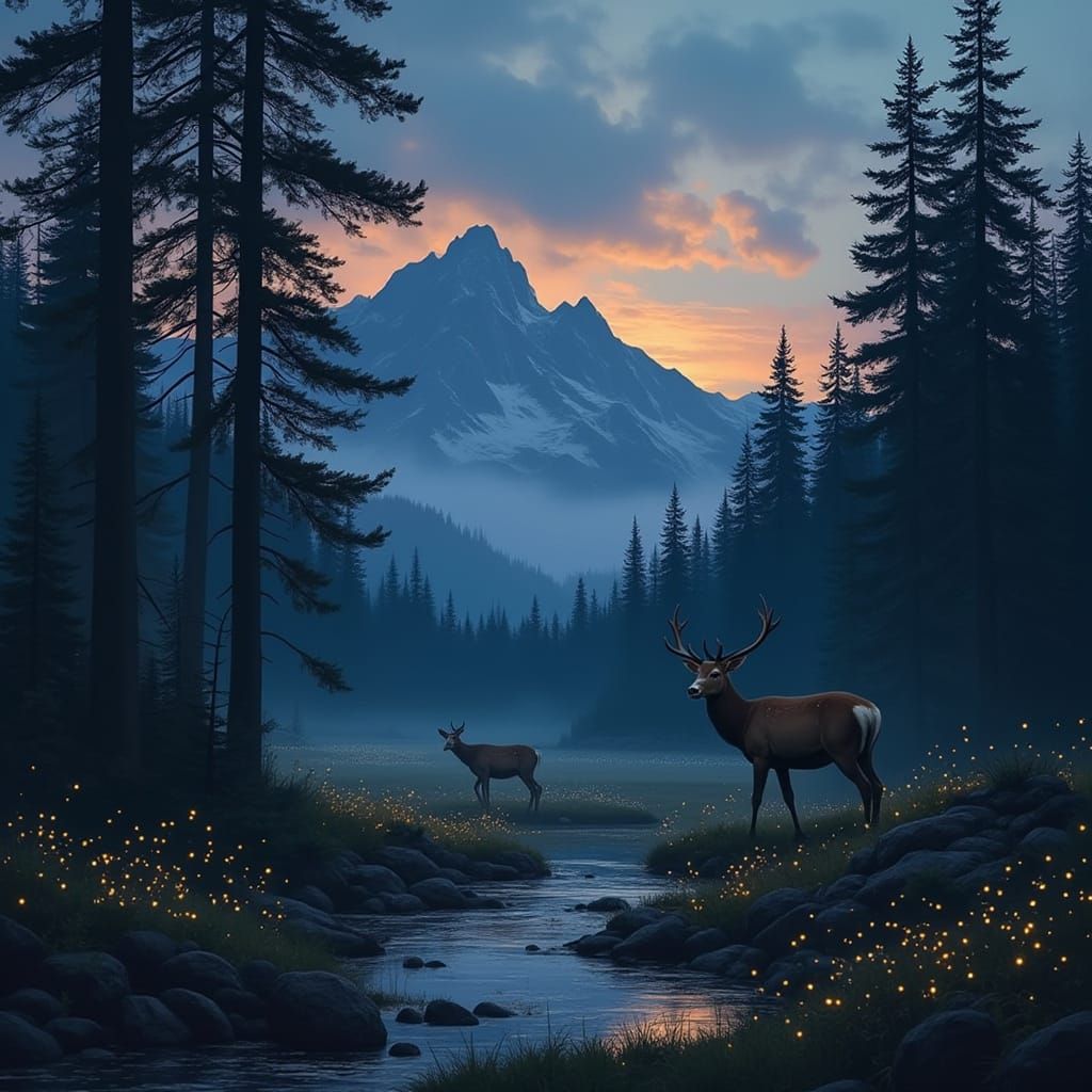 Enchanted Forest: Deer and Fireflies in Golden Light