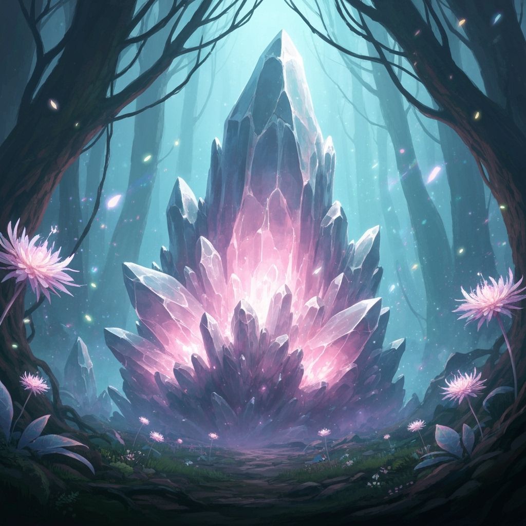 Ancient Crystal Formation in Enchanted Woodland Digital Art