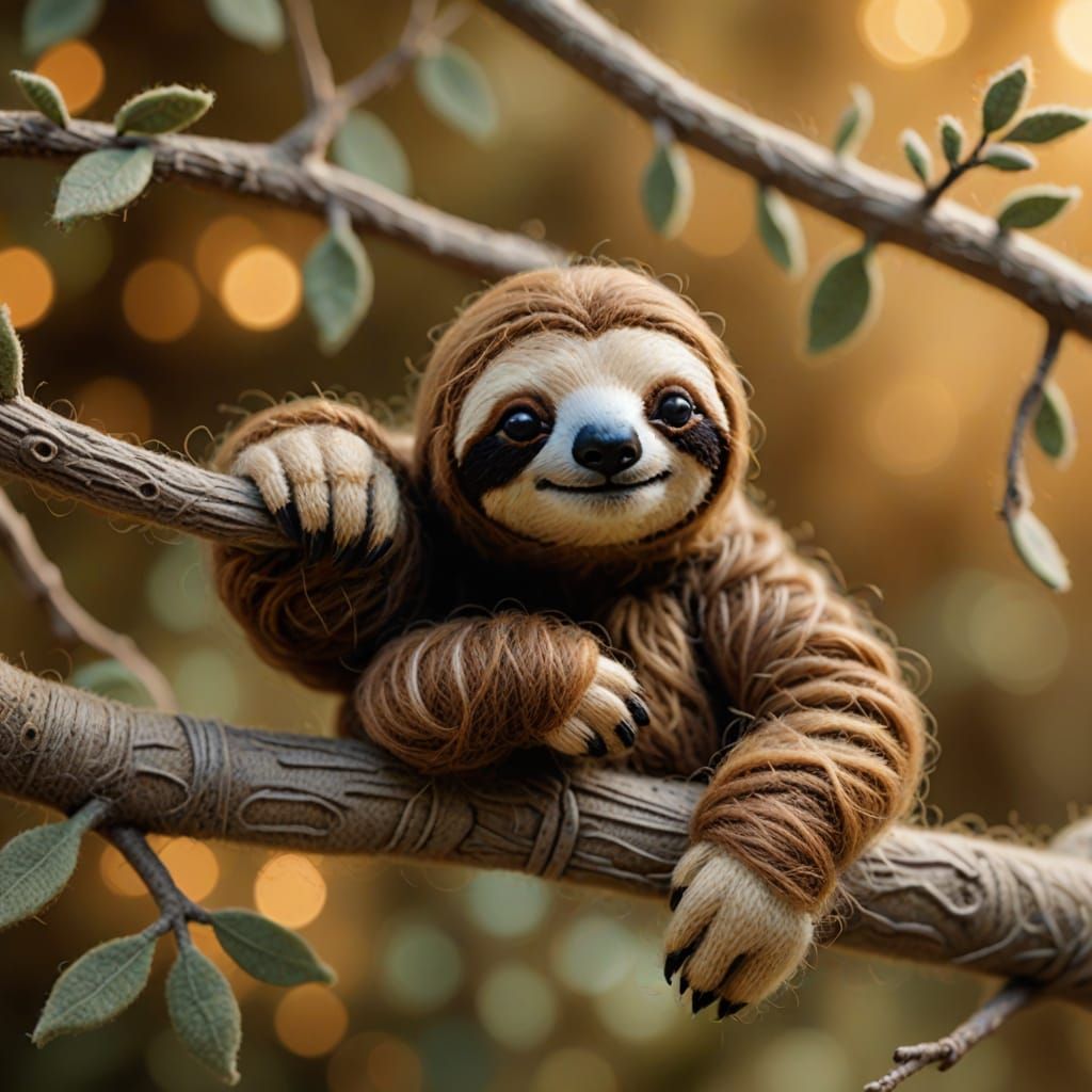 Needle-Felted Sloth in Whimsical Folk Art Style