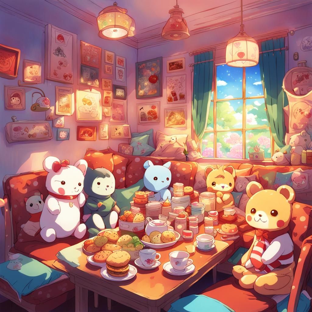 Vibrant Anime Creatures in Whimsical Japanese Setting