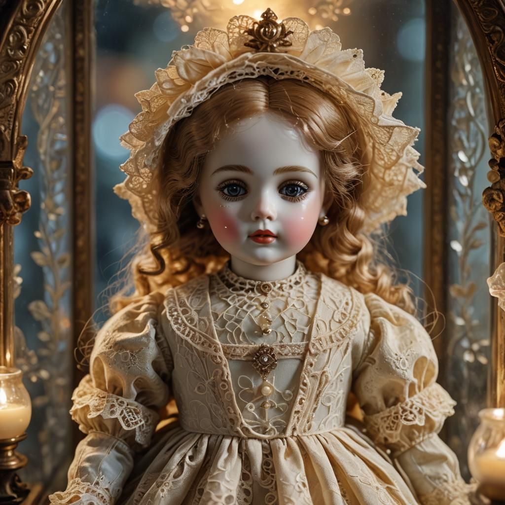 Victorian Doll in Antique Display Case with Enchanted Glow