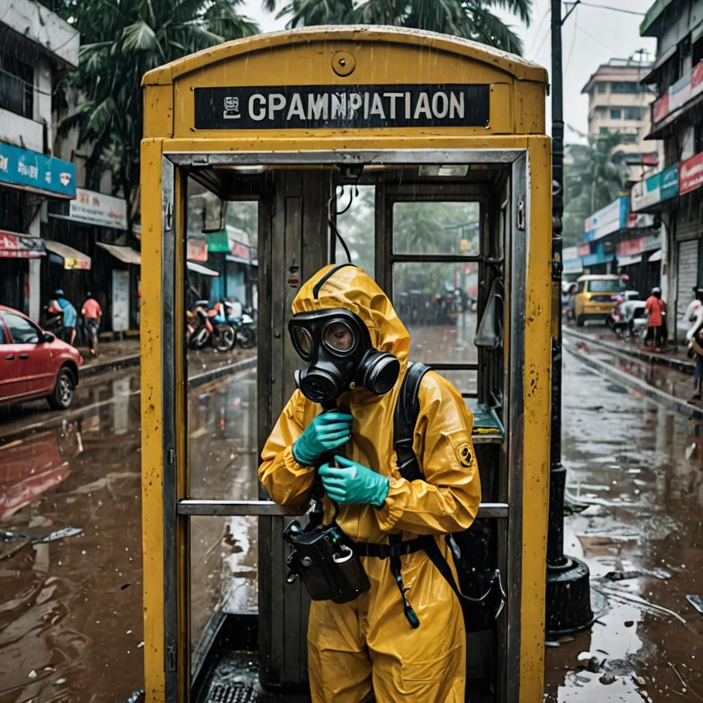 Young Woman Inspects Phone Booth in Kolkatta Rainstorm, Cybe...