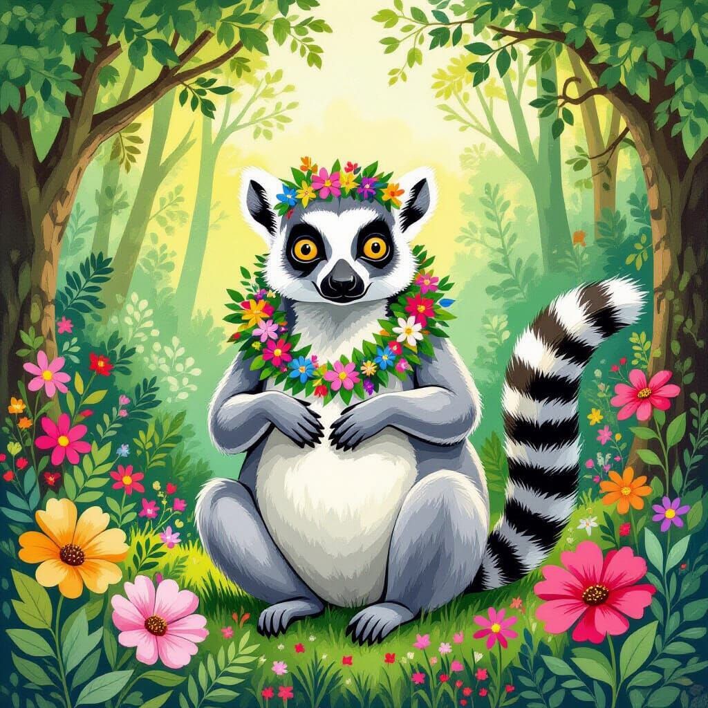 Pregnant Lemur in Lush Forest with Leafy Garland