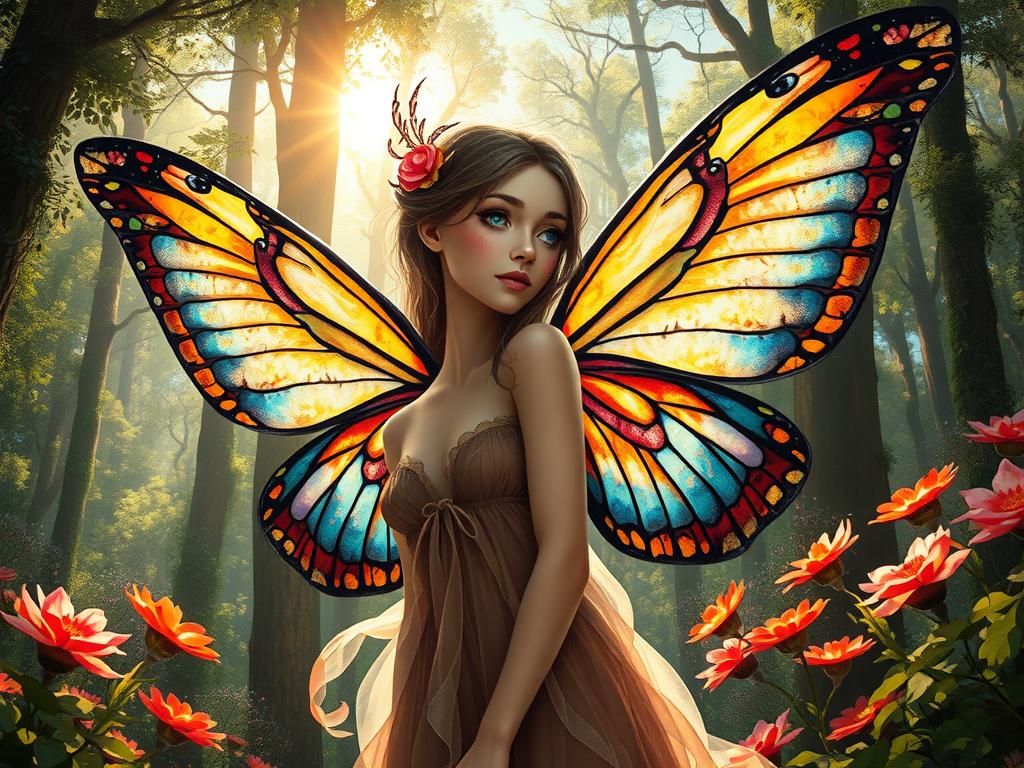 Whimsical Fairy in Resplendent Stained Glass Wings, Set Agai...