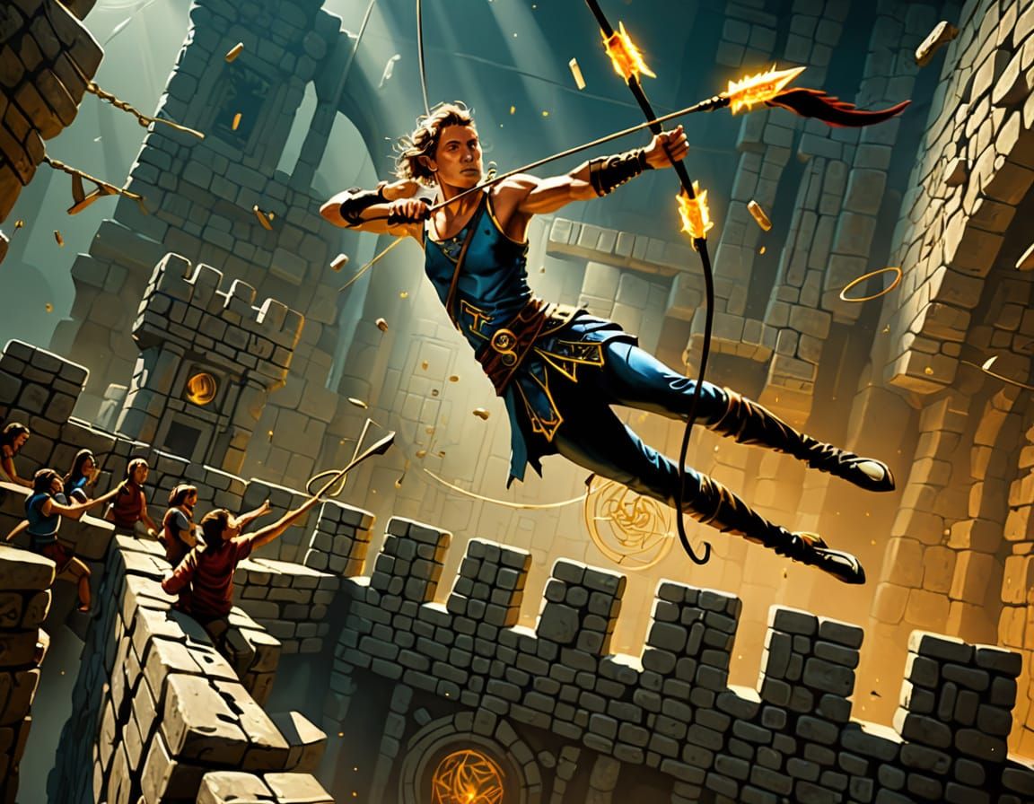 Acrobatic Adventurer's Mid-Air Somersault in Labyrinth