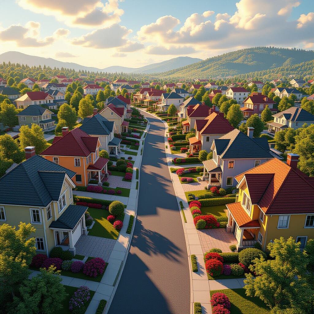 Aerial Suburban Landscape in Matte Painting Style