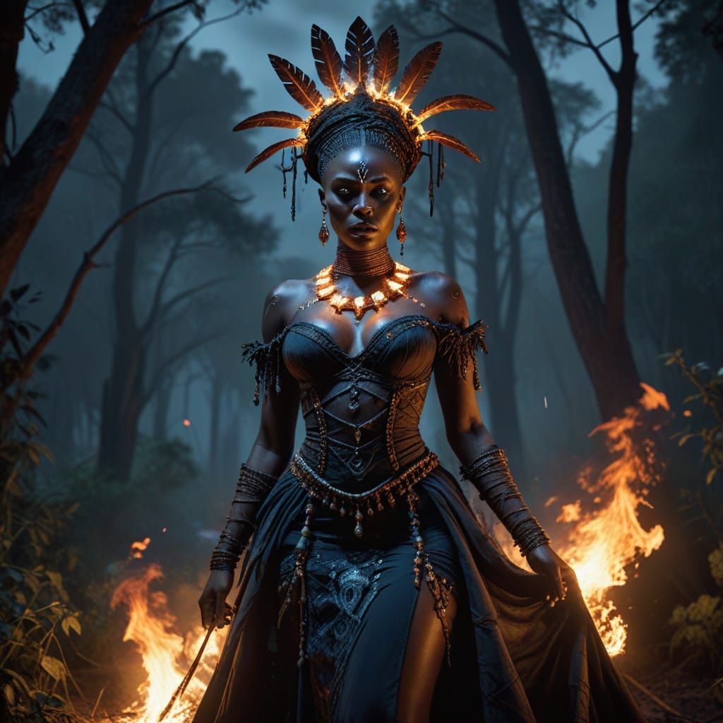 Voodoo Priestess Unleashes Magic Fire in Dark Forest