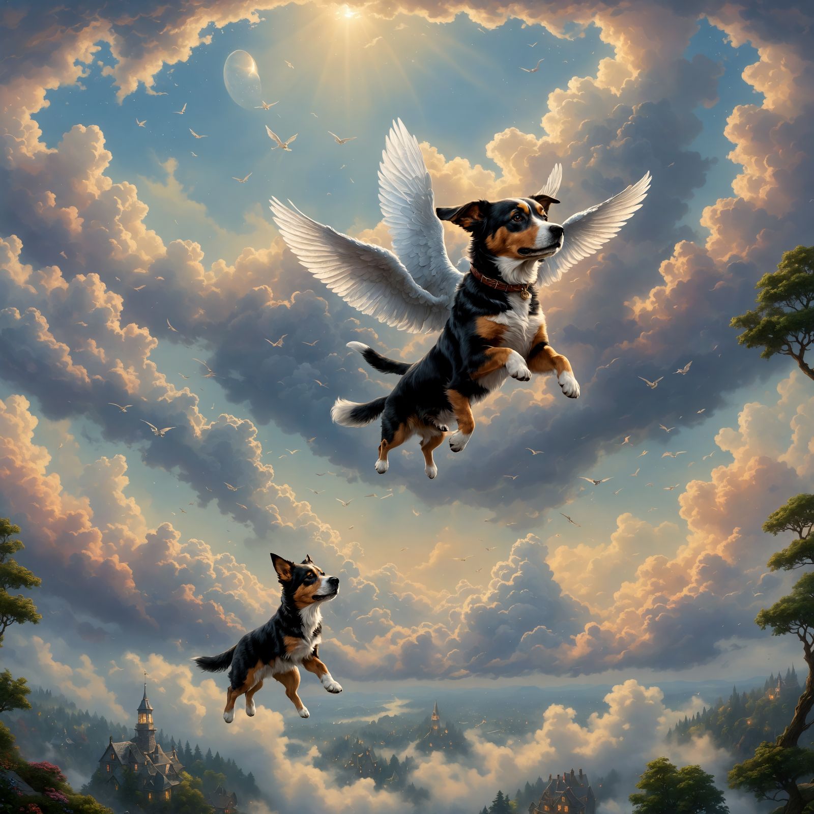 Ethereal Canine Soars in Whimsical Cloudscape