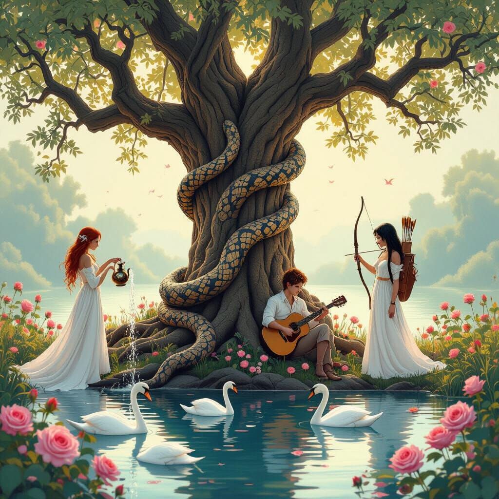 Dreamlike Tree with Snake, Pond, and Figures