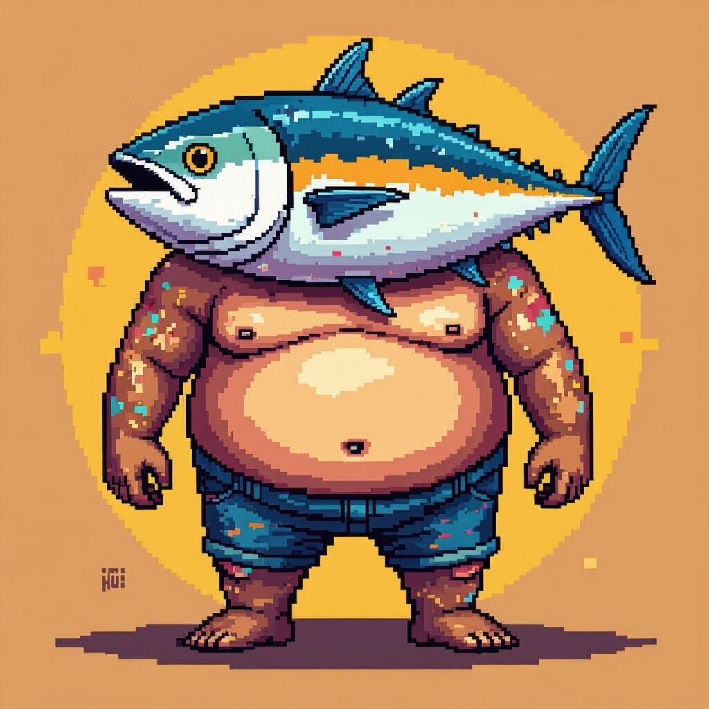 Tuna Head on Obese Man: 8-bit Pixel Art