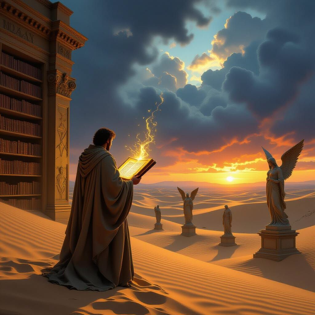 Ancient Desert Library Revelation with Angel Statues