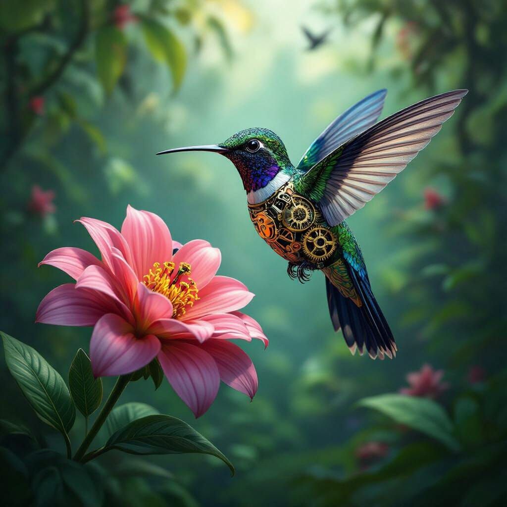 Clockwork Hummingbird in Jungle Clearing, Hyperrealistic Ste...