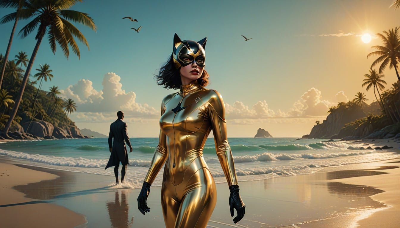 Glamorous Beach Goddess in Gold Latex Catsuit