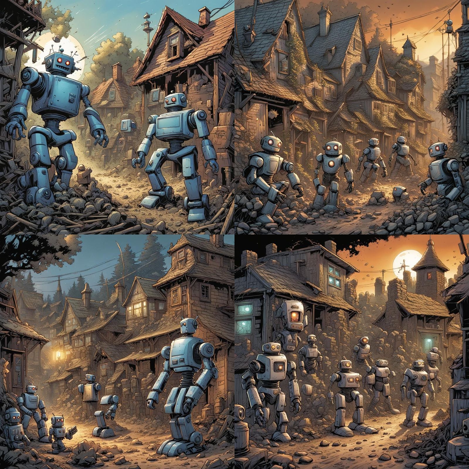 Robots Wreak Havoc in a Quaint Village Scene in Comic Book S...
