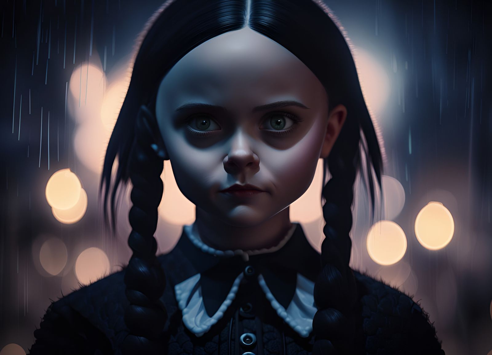 Wednesday Addams in a Thunderstorm, a Photorealistic Portrai...