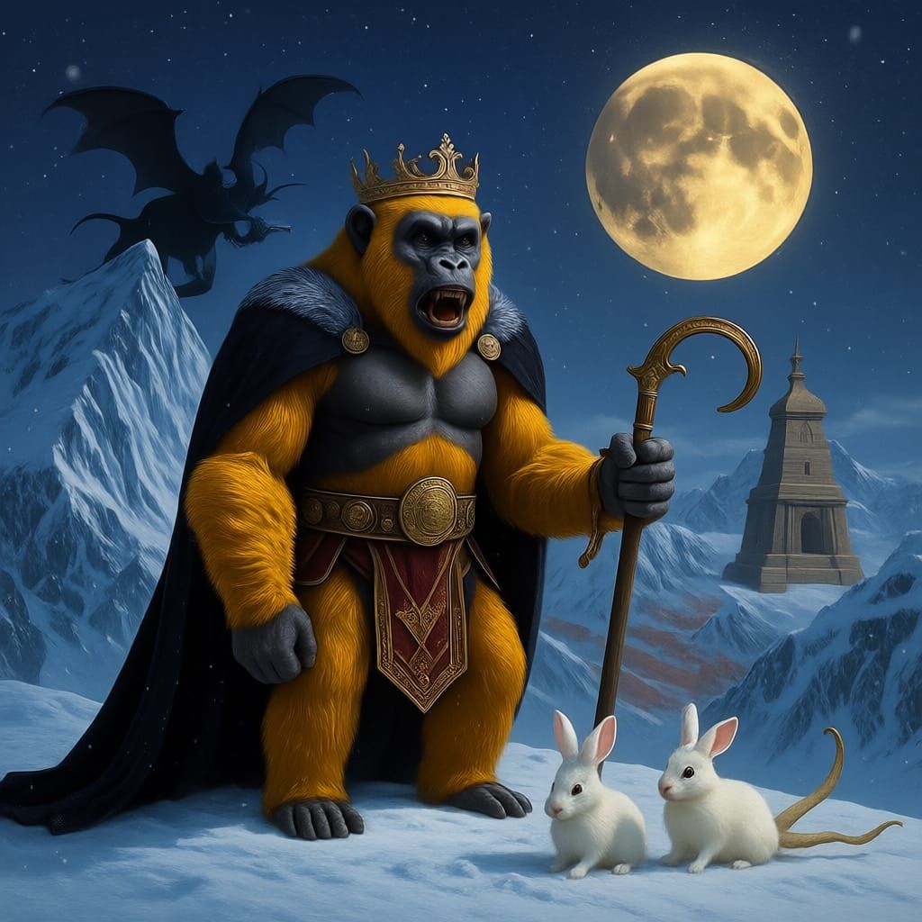 Fantasy Ape King on Icy Mountain with Harvest Moon