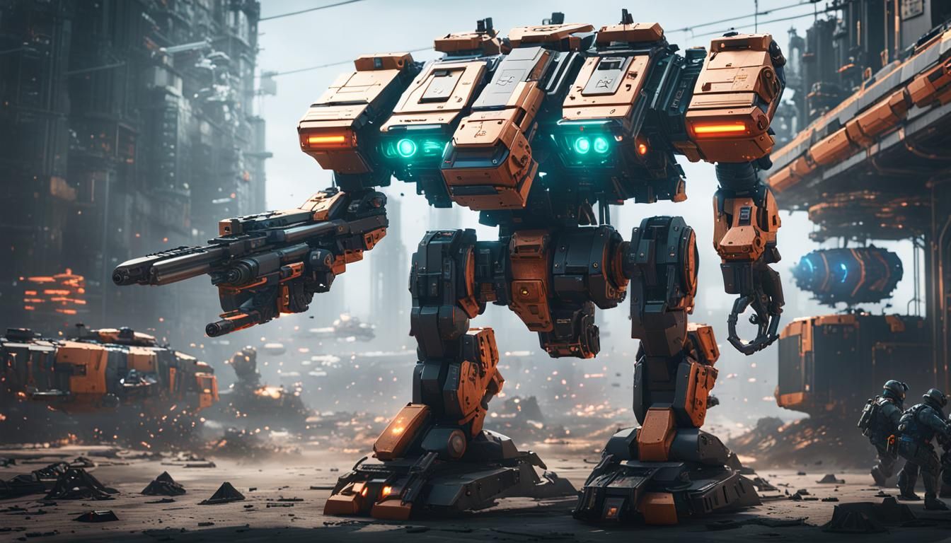 Cyberpunk Mech Warrior in Futuristic Battle Arena