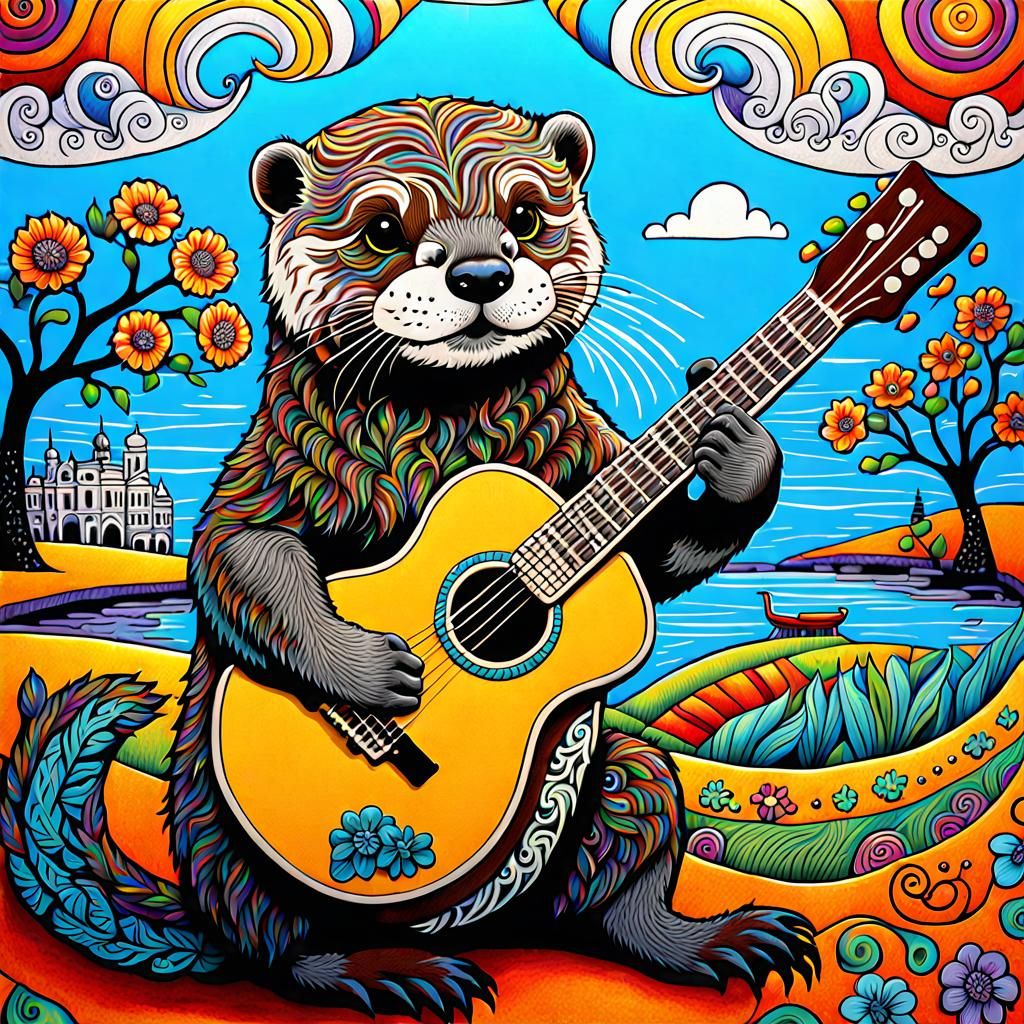 Otter musician in whimsical city setting