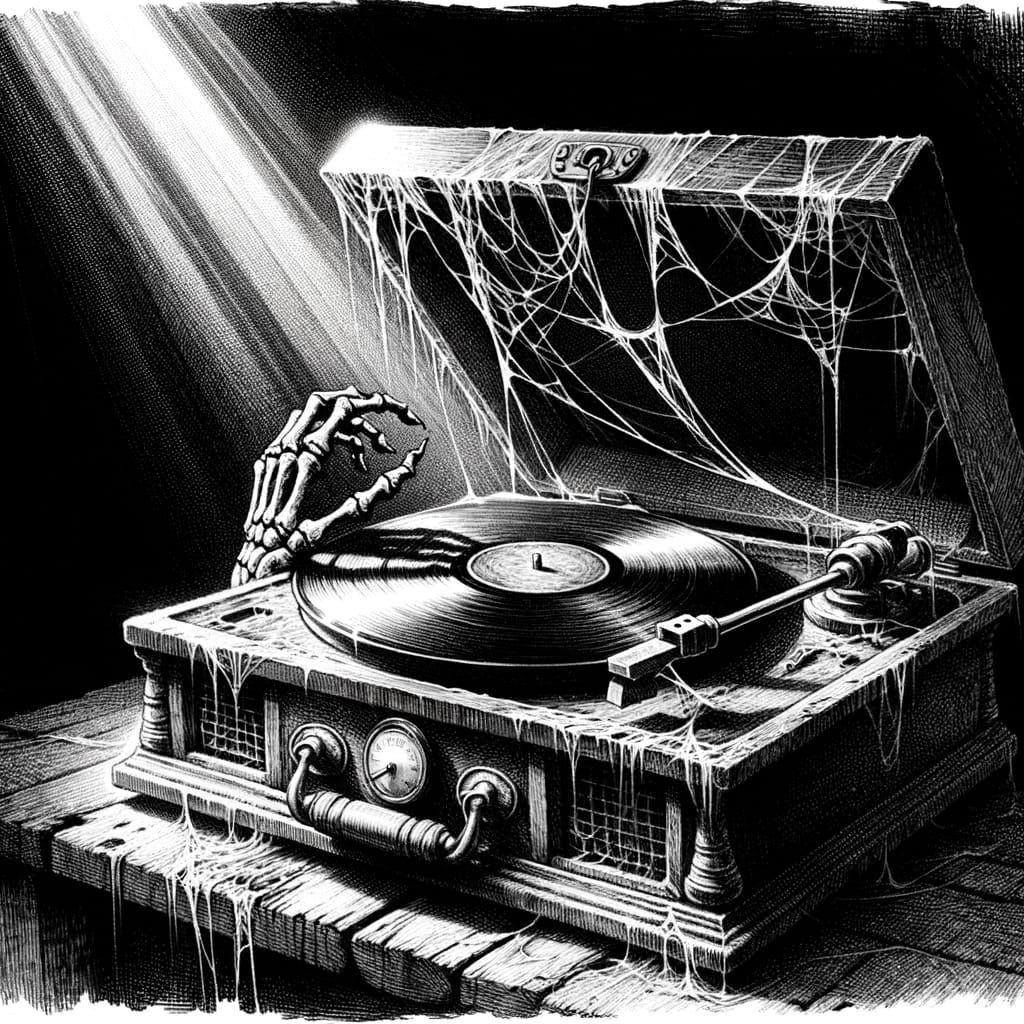 Antique Record Player in Dusty Attic with Skeletal Hand