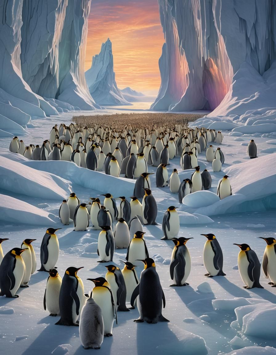 Emperor Penguins in Iridescent Ice Landscapes