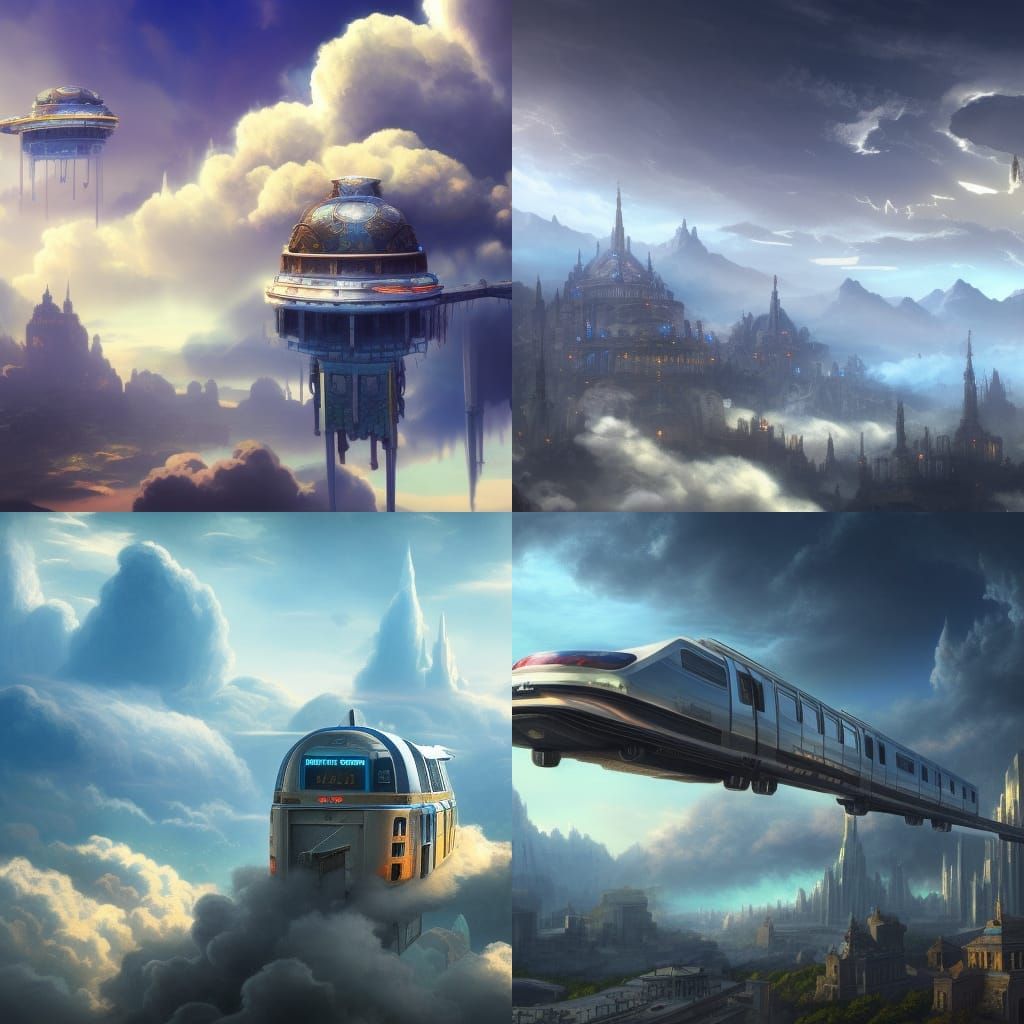 Ethereal Air Train Soars Through Vibrant Clouds